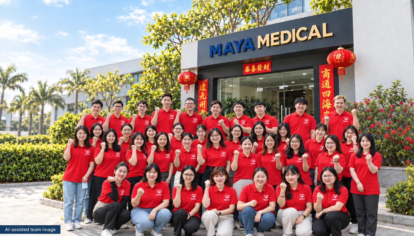 AI-assisted MAYA team image with matching red Mayamed polo shirts.