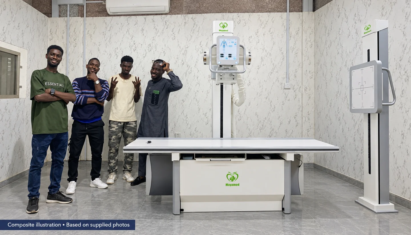 Composite illustration combining the Togo project team and the complete MY-D023G X-ray system.