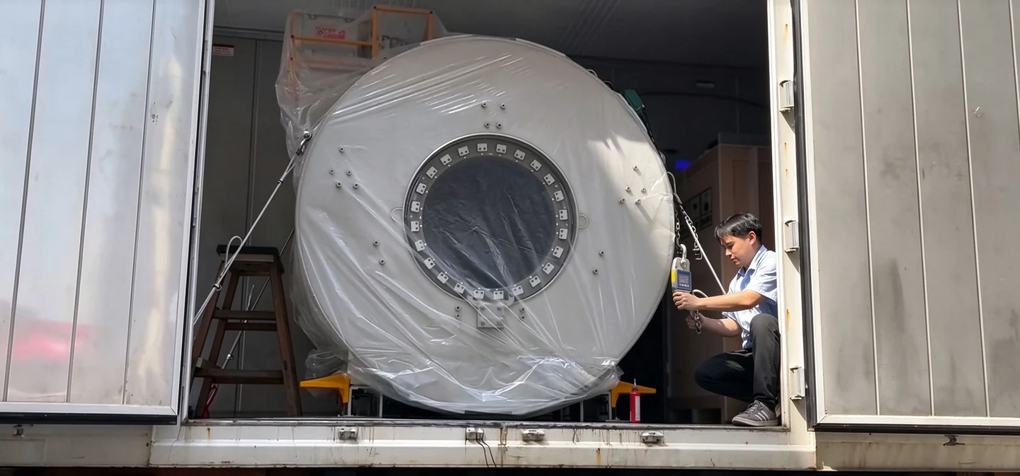 MRI equipment inside a shipping container during project transportation.