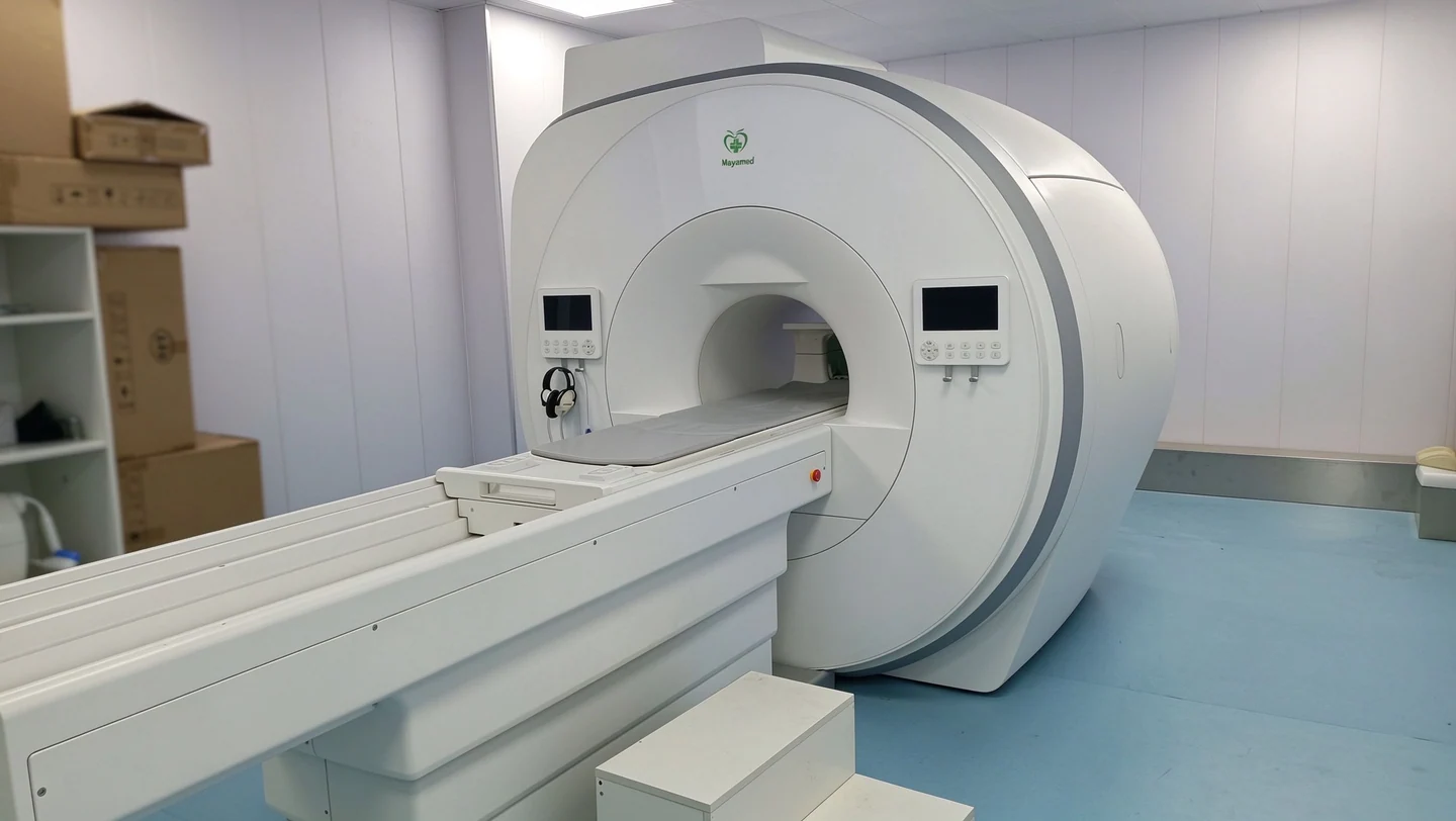 Installed MY-D054K MRI scanner and patient table at the Chad project site.