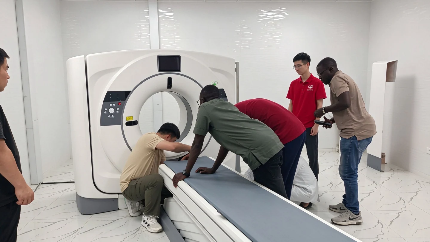 Installation team working beside a CT scanner and patient table in Senegal.